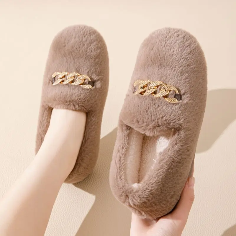 Hot Sale New Women's Warm Short Plush Lining Slippers Non Slip Slip on House Shoes Fashion Lady Moccassins Loafers