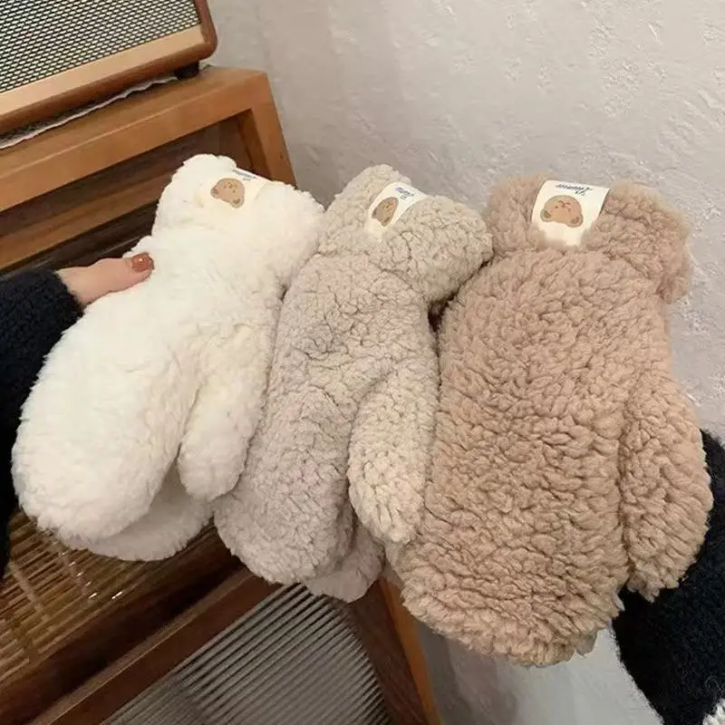Women's Winter Cute Kawaii And Funny Plush Teddy Bear Gloves For Students Ride Outdoors Thick And Warm Harajuku Fashion Simple