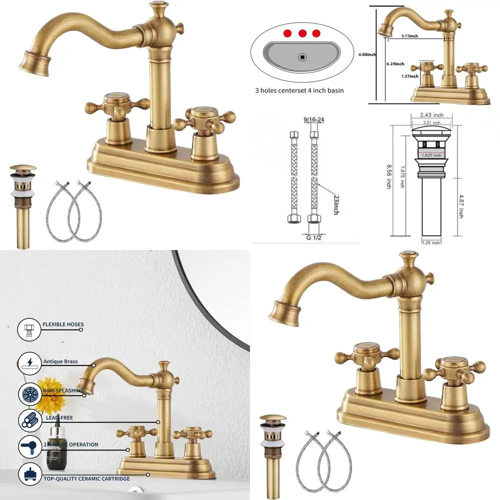 

Antique Brass 2-Handle 4-Inch Centerset Vanity Faucet with Drain and Supply Hose