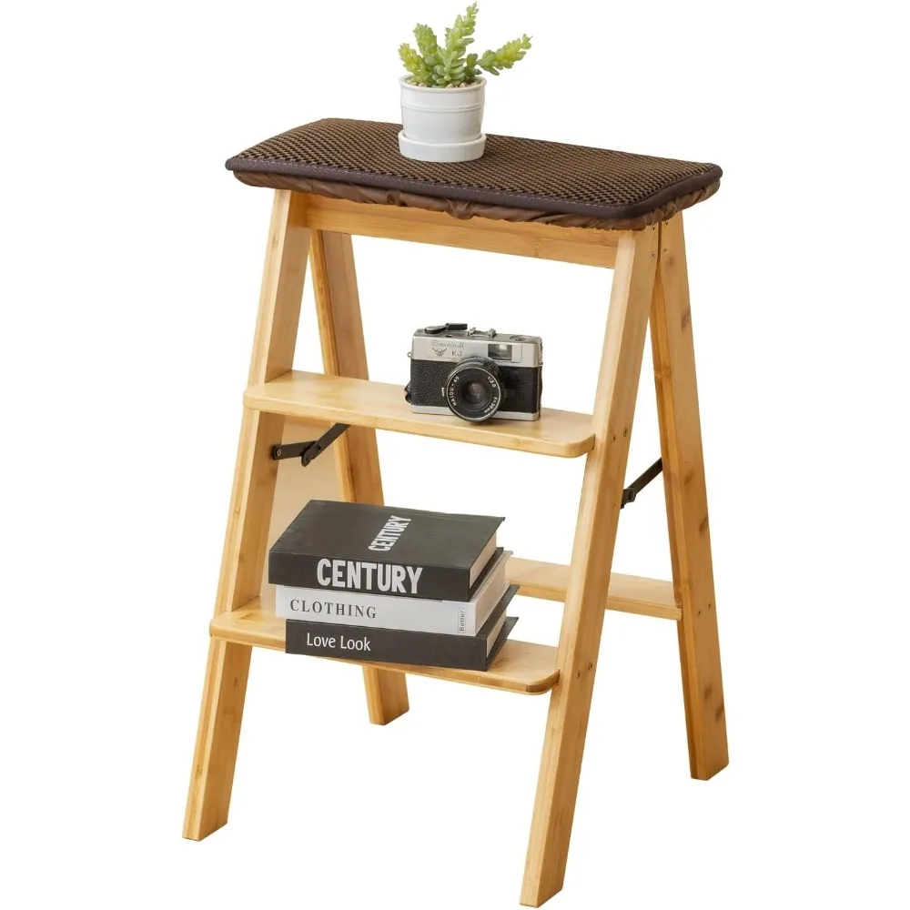 Latifolia Taburete plegable de 3 escalones, taburete de bambú con protector de piso, estante de escalera decorativo para sala de