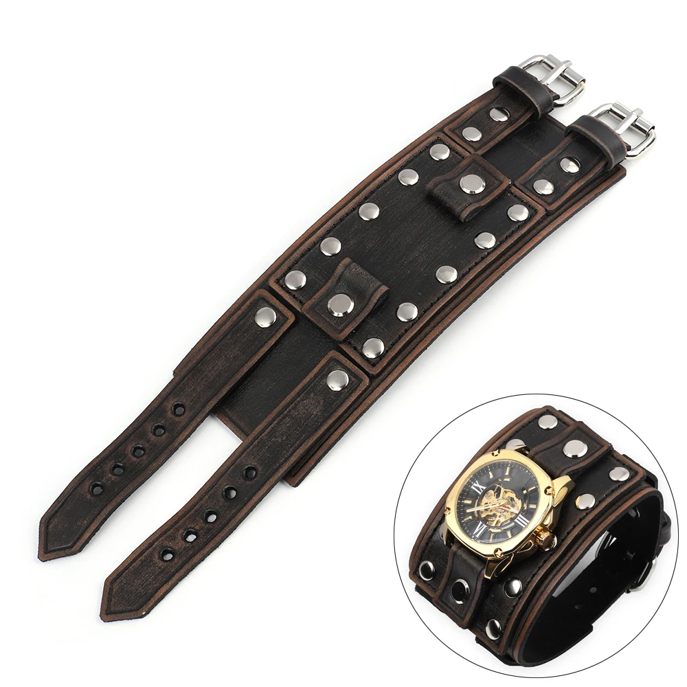 Vintage Leather Bund Strap Men's Watchband 20mm Cuff Watch Strap With Mat Double Buckle Rivet Wrist Band Handmade Bracelet