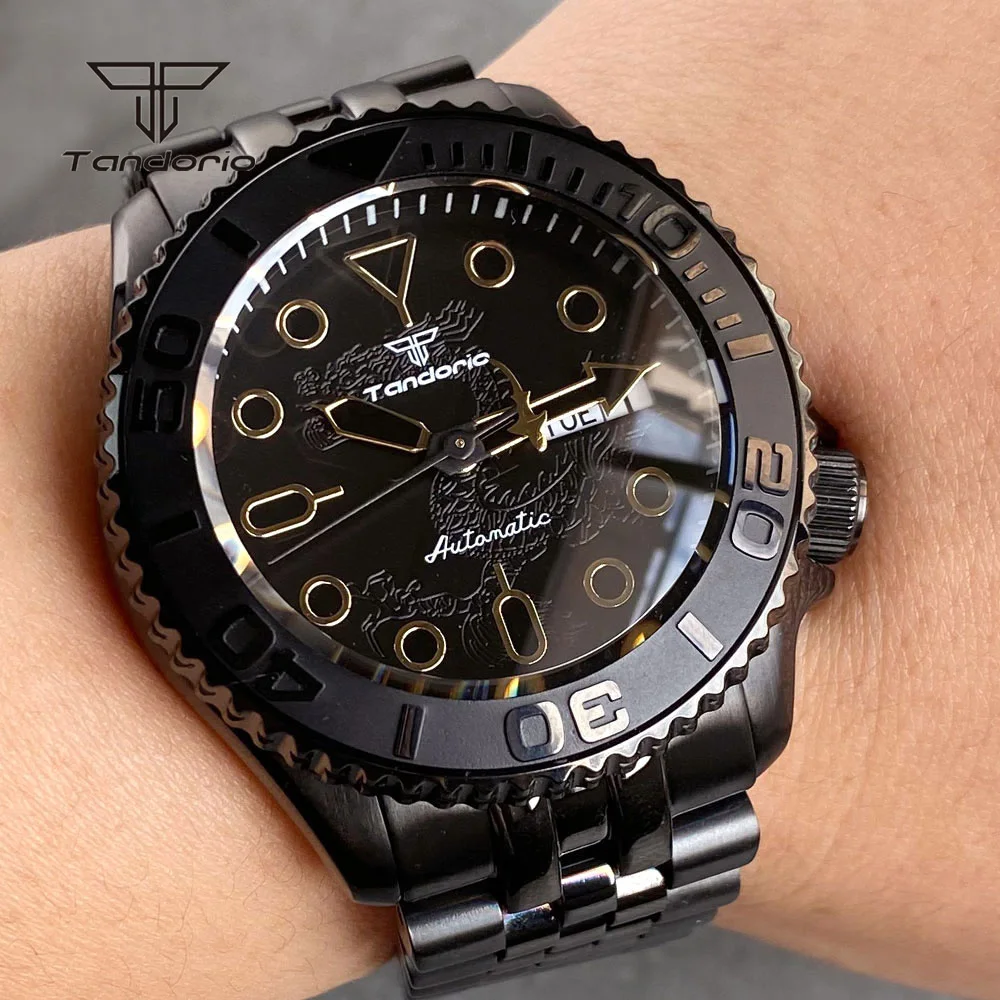 Tandorio Domed Sapphire NH36 41mm Black Pvd Diver Automatic Watch for Men Dragon Pattern 3.8 Crown 20BAR Mechanical Double Date