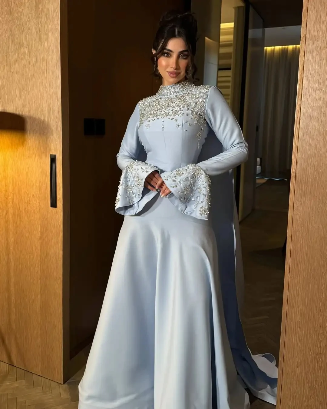 

Jirocum Luxury Sky Blue Satin Evening Dresses High-Neck Crystal Beaded Gown with Bell-Sleeve Cape for Gala & Prom
