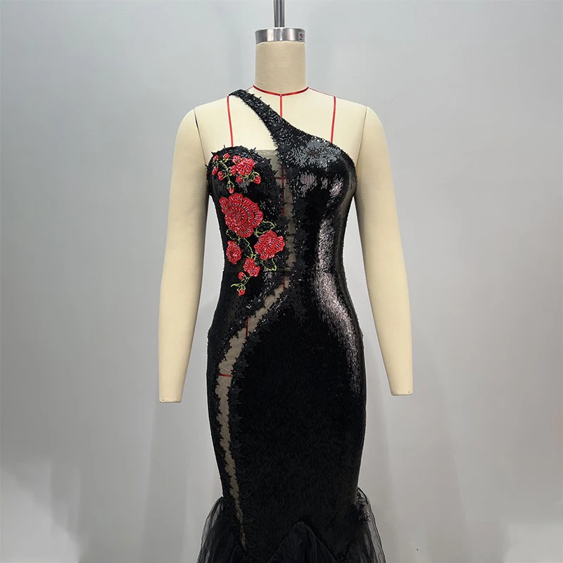 Nachtclub Party Festival Kleider Schwarz Pailletten Feiern Abendkleid Frauen Laufsteg Outfit Bühne Jazz Dance Kostüm XS10264