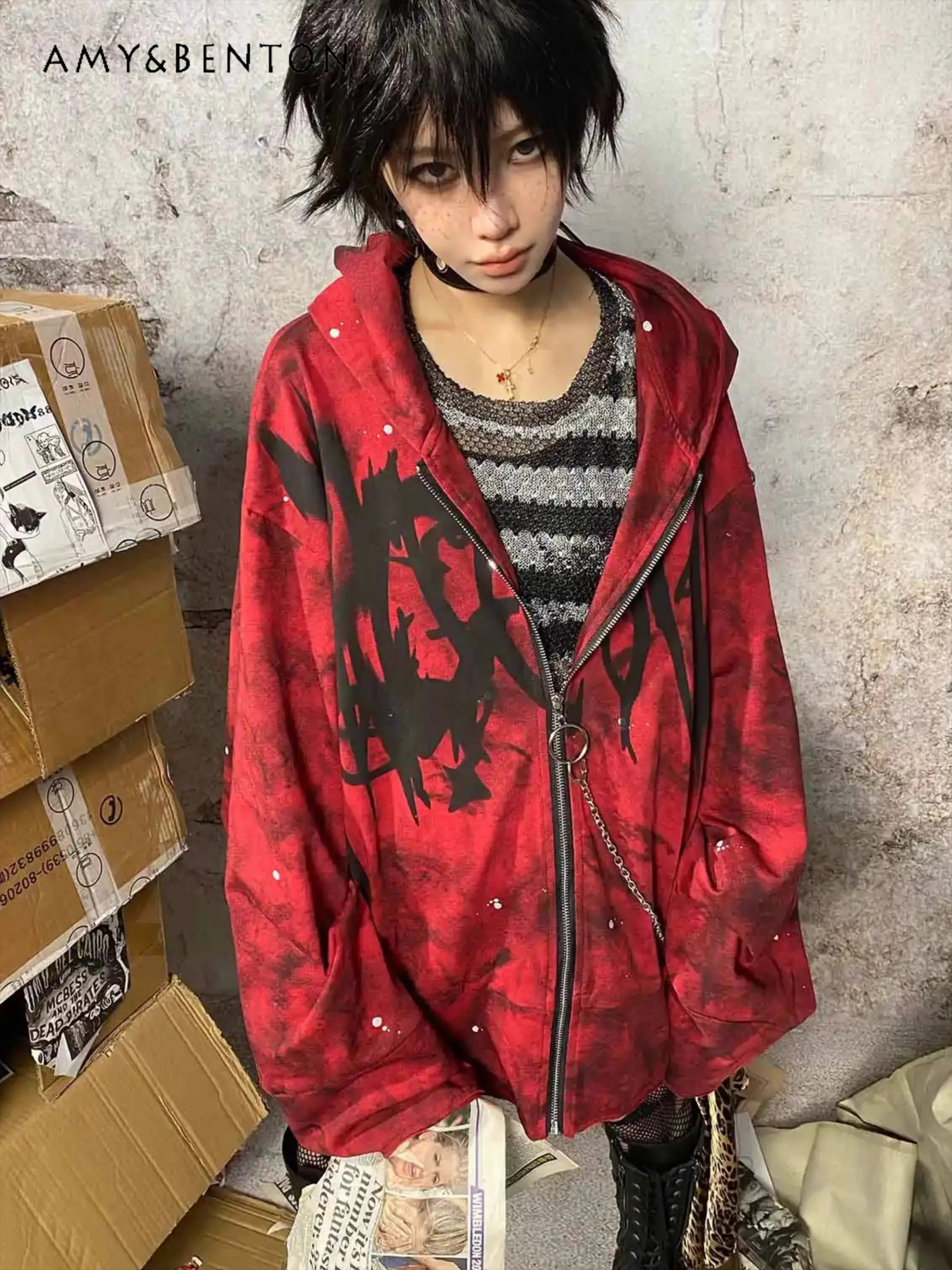 

High Street Punk Style Print Kpop Толстовки Женщины Subculture Цепочка Подвеска Свободная Толстовка на молнии Hot Girl Y2K Толстовка большого размера