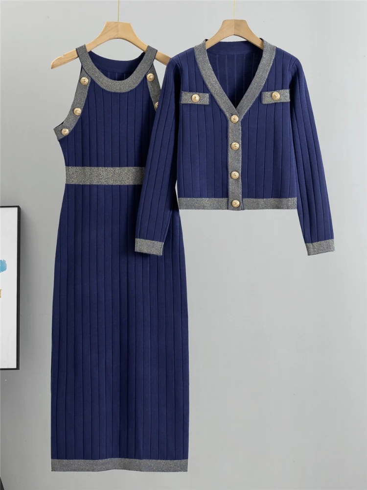 

French style fashion set dress 2024 autumn Spring new item knitted sweater and vest dress two-piece set