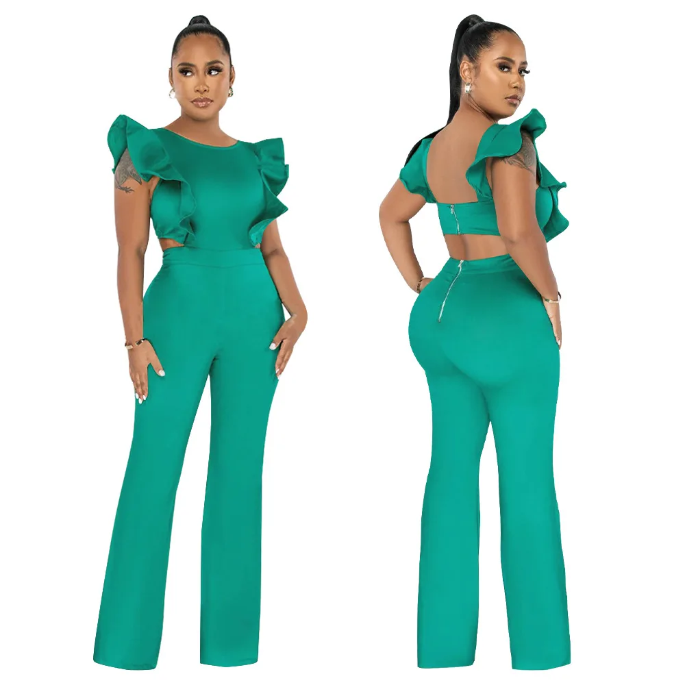 

Jumpsuits Women One Piece Sleeveless Ruffles Round Neck Overalls Long Pants High Waist Rompers Y2k Streetwear Elegant 2025