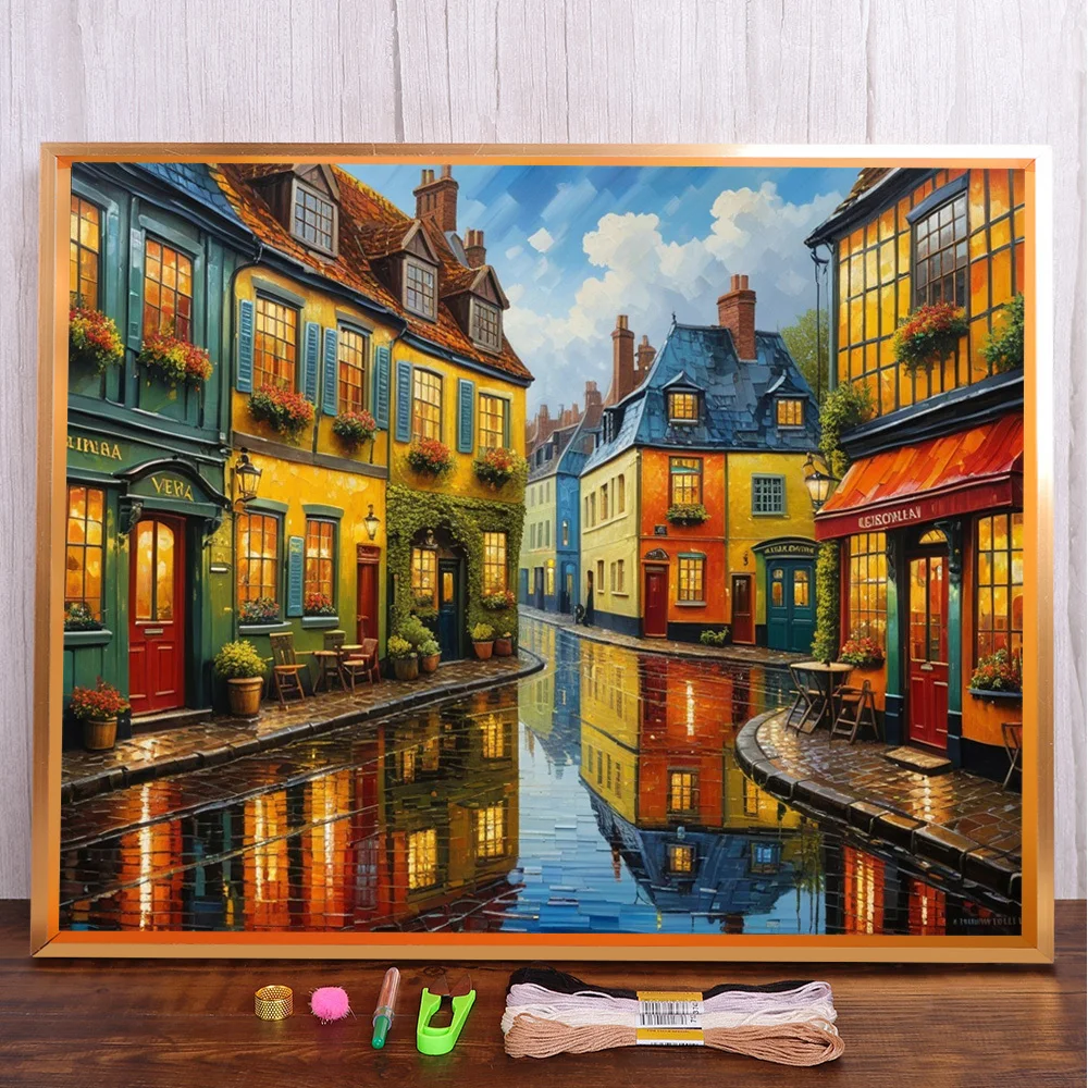 Scenery Town Street Printed Cross-Stitch Full Kit Embroidery Sewing Handicraft Handiwork Needlework Home Decor Stamped Different