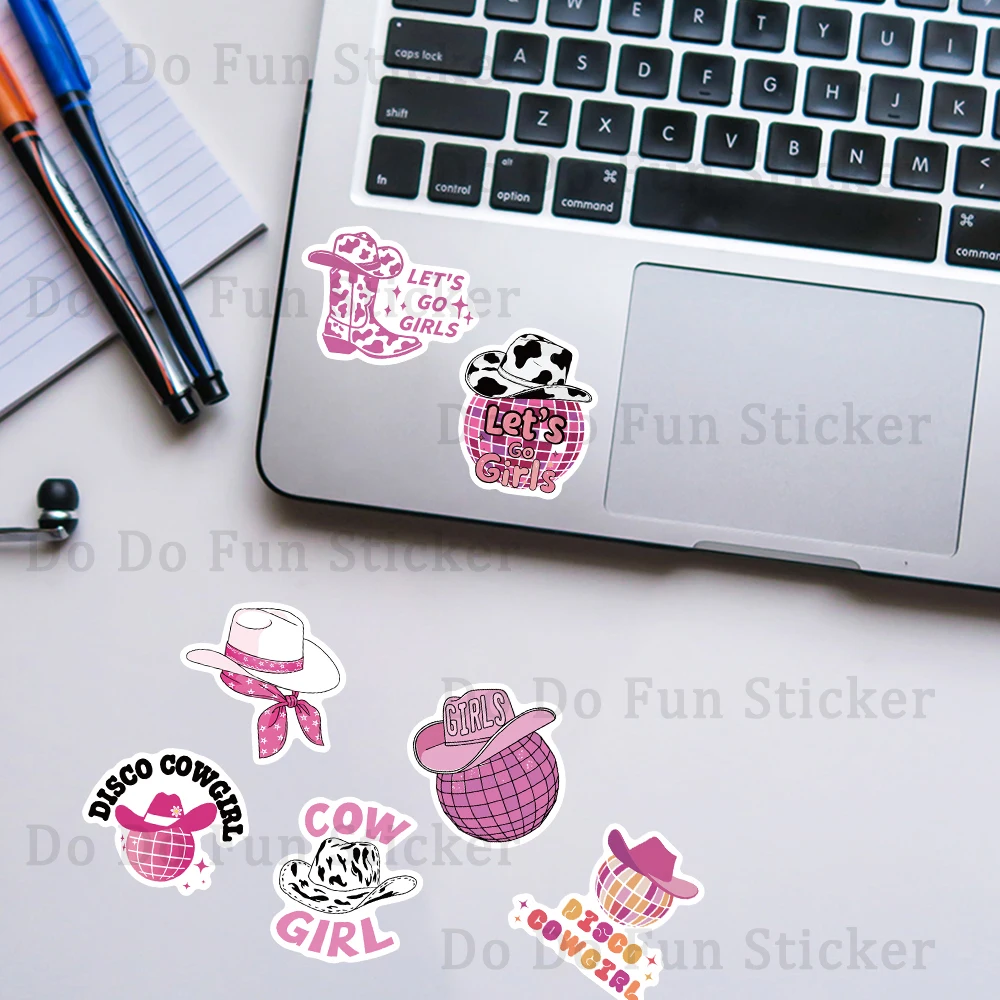 50 Uds. De pegatinas de vaquera de discoteca rosa modernas a la moda de dibujos animados, botas artísticas impermeables de PVC, lámpara, bola, sombrero de vaquero, libro creativo DIY para ordenador portátil