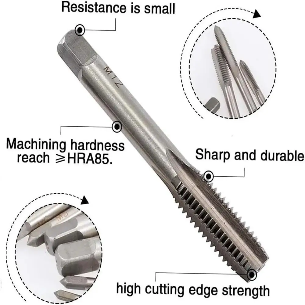 7 Piece Metric Thread Tap Set, HSS Tapping Tool Set M3 M4 M5 M6 M8 M10 M12 Hand Tap Set Thread Tapping Tool Set