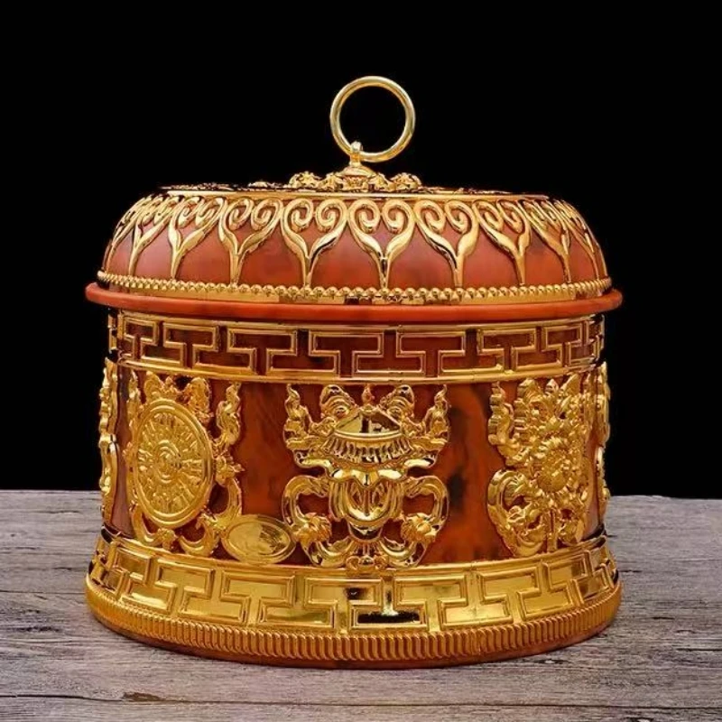 

Tibetan-Style Resin Brown Jar,Eight Auspicious Food Organizer Buddhism Handicraft Storage Box,Buddhist Item Home Decorative