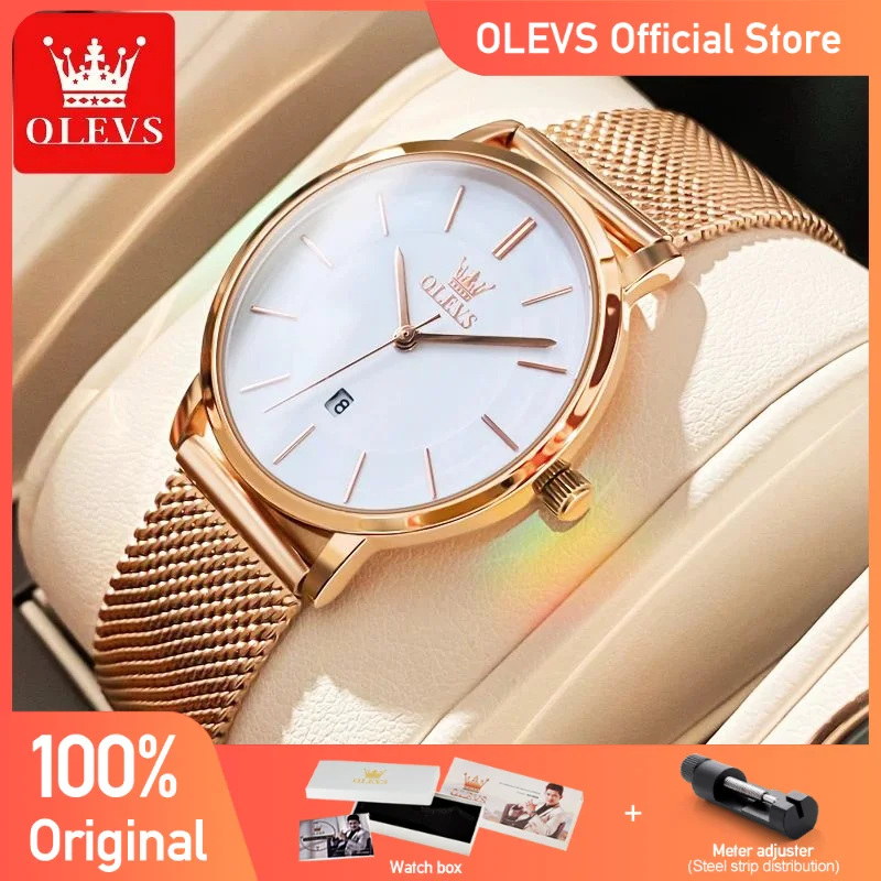 OLEVS-Montre à Quartz Étanche pour Femme, Acier Inoxydable, Or Rose, Coffret Cadeau, Luxe