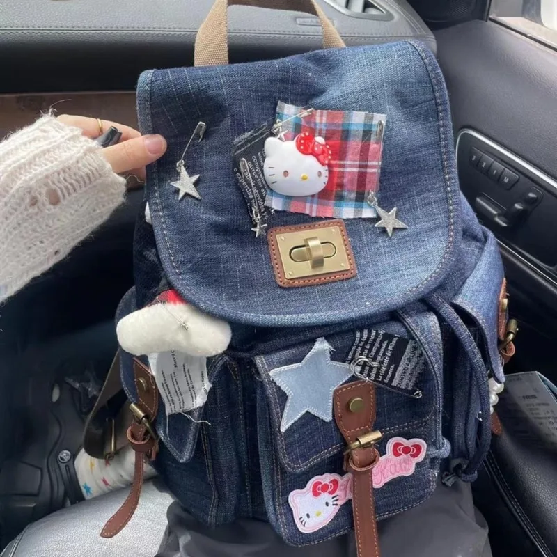 MINISO Denim Hellokitty Y2k Backpack Girls Patchwork Plush Bone Cute Bag Large Capacity Collage Student Bookbag Women\'s Backpack