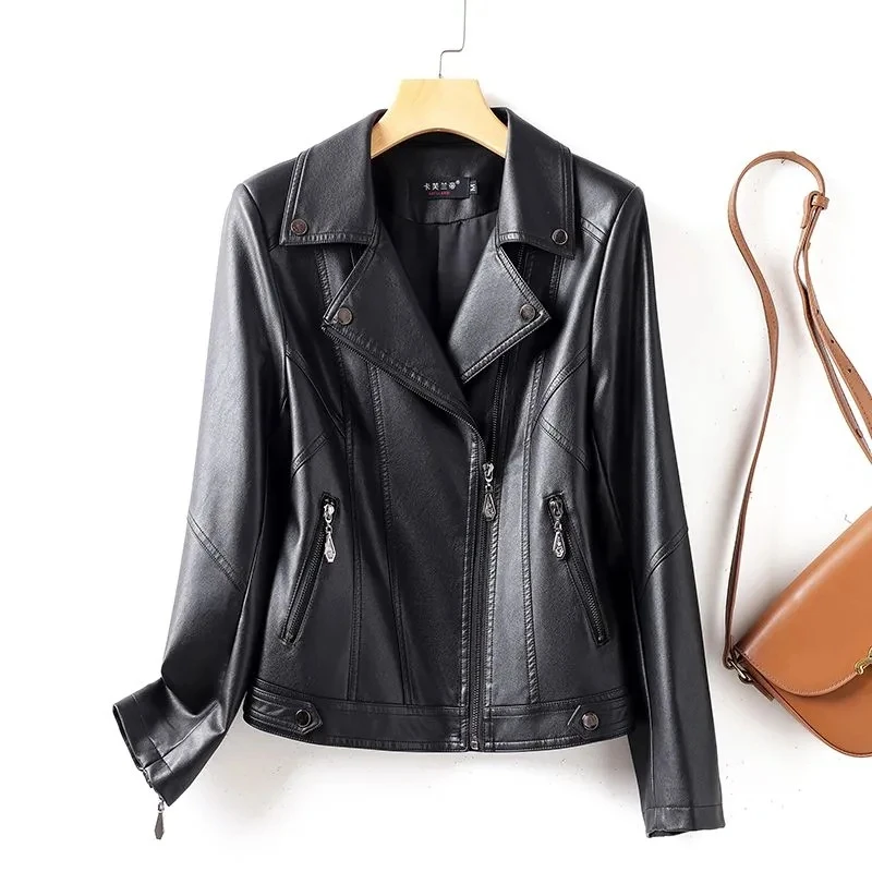 Jaket Kulit Domba Musim Semi Gugur Wanita Model Lokomotif Slim Berbahan Kulit Corium dengan Rivet, Kerah Jas, Ritsleting, Jaket Pendek XQ17