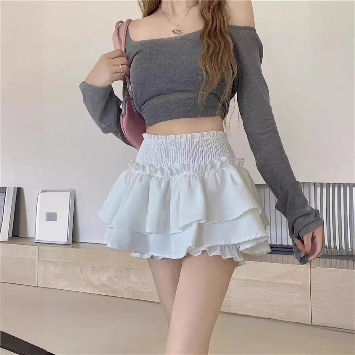 

Women Ruffle Y2K Mini Skirt High Waist Fashion Summer Skirts Solid Sweet Korean Ball Gown Sexy Street Short Dress Lady Clothing