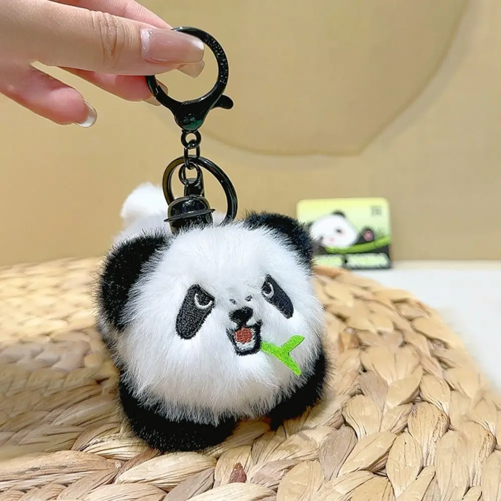 Portable Bamboo Panda Keychain Flowers Cute Doll Bag Pendant Fluffy Plush Car Key Ring Student