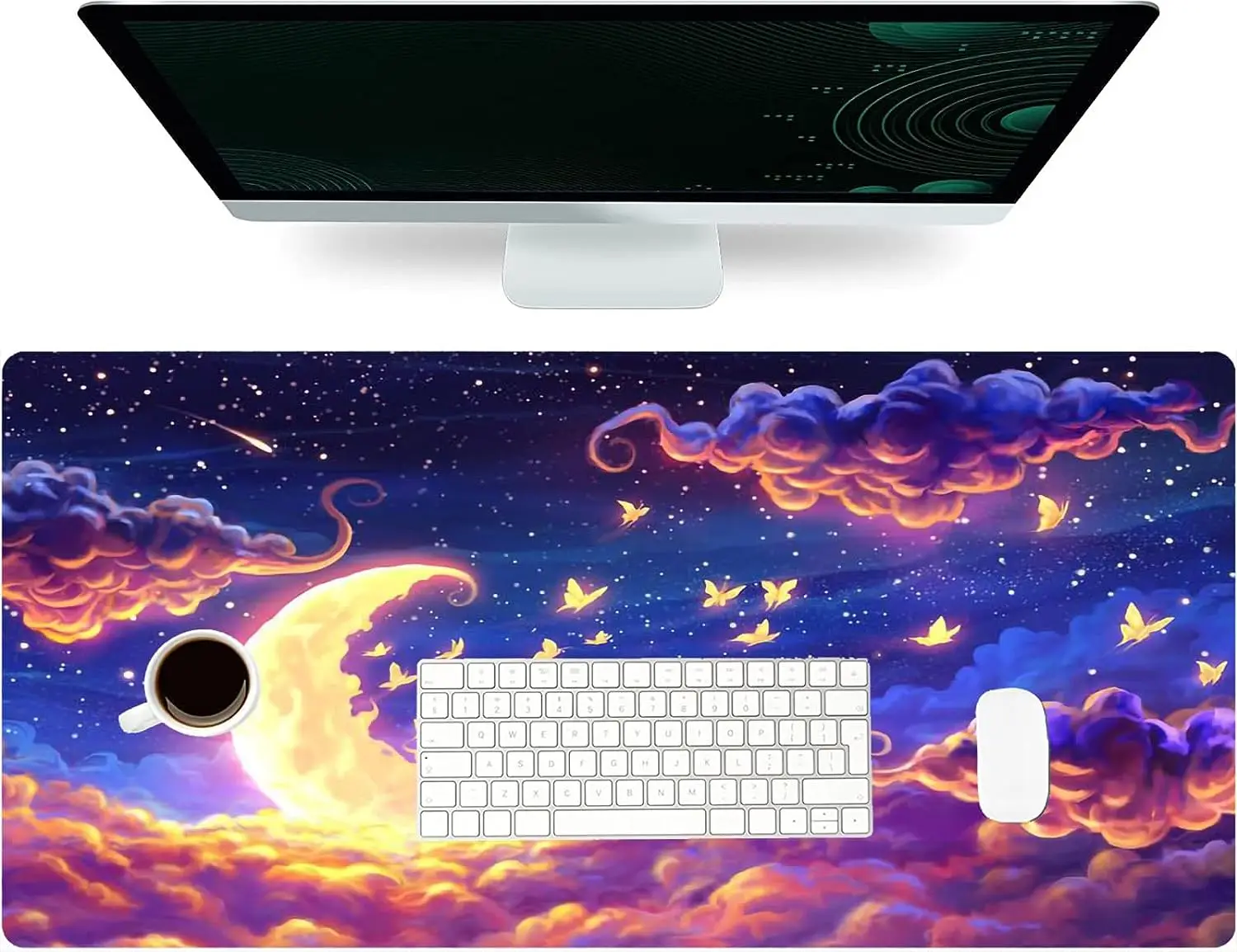 Cartoon Fantasy Moon and Cloud Landscape Mouse Pad Gaming Anime Mouse Mat XXL Large Computer Keyboard Mat for Laptop 30x80x0.3cm