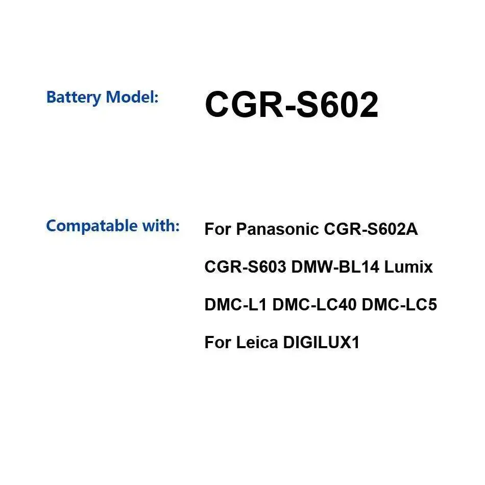

Стабильный аккумулятор BP-DC4 Cgr-S602 1880 мАч для Leica Lumix Dmc-FX180 Dmc-L1 Panasonic Cgr-S602a