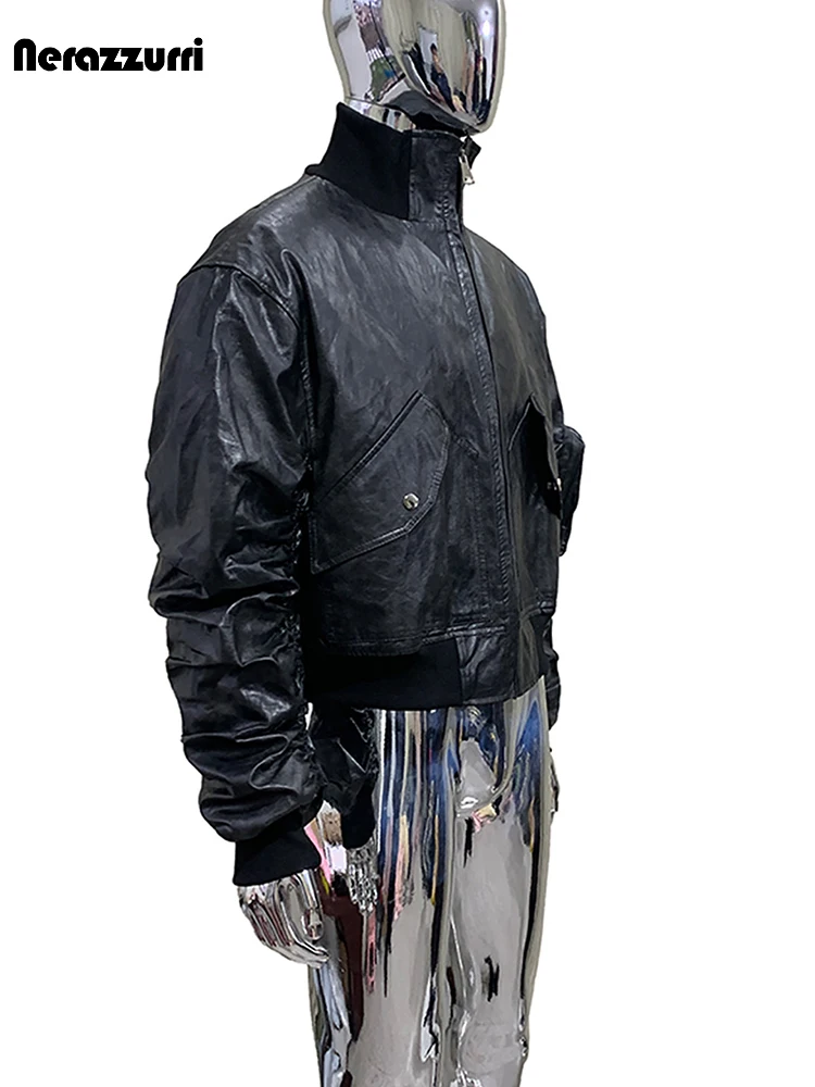 Spring Oversized Distressed Black Pu Leather Bomber Jacket Men with Ruched Sleeve Cool Luxury American Style Clothes Brand 2026