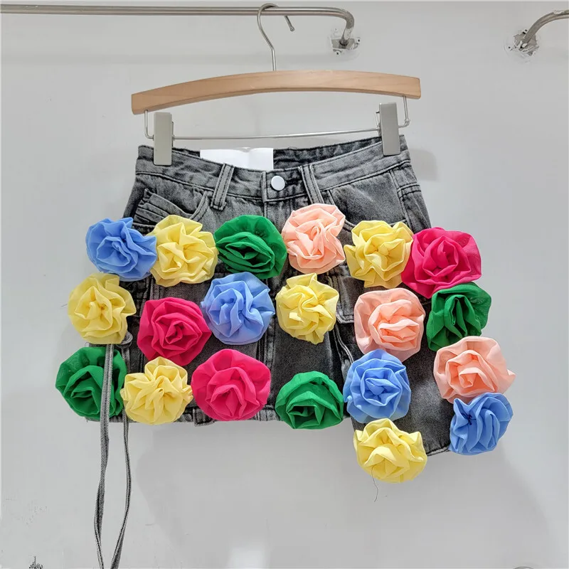 WTHT Fashion Women's Spliced Colorful Flower Bandage Denim Skirts 2024 Autumn New High Waist Wrap Hip Skirt Female 1LS100