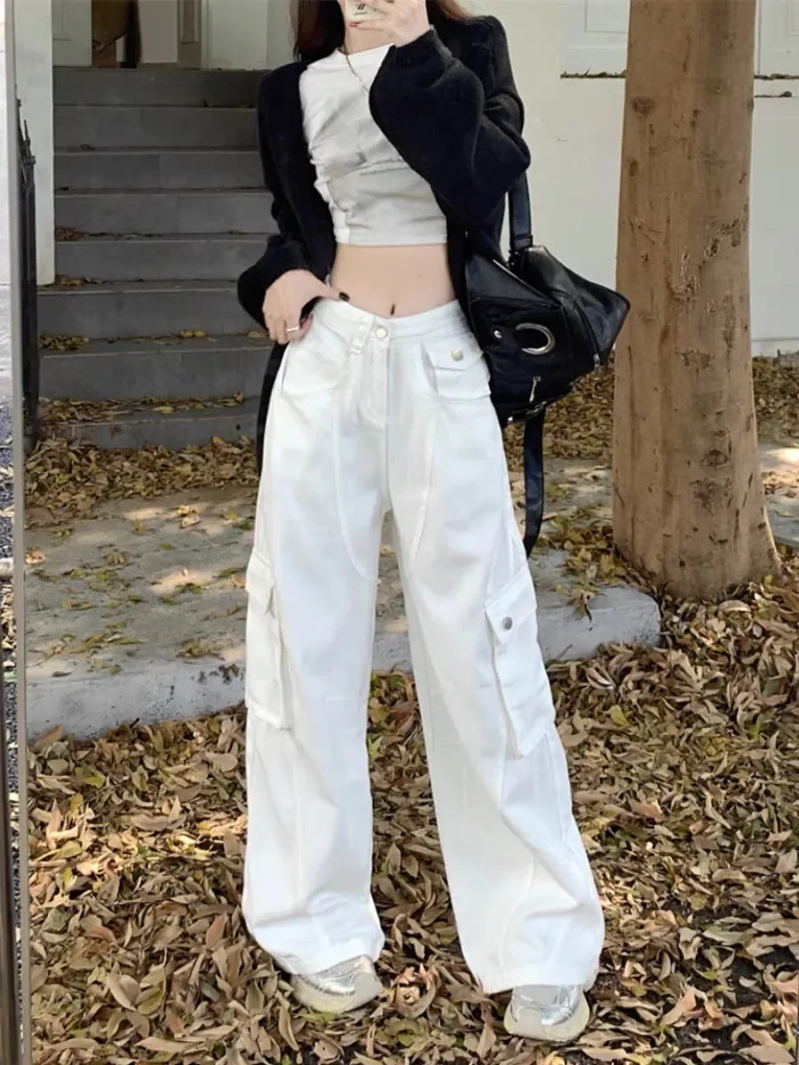 Deeptown Grunge White Cargo Jeans Women Streetwear Y2k Baggy Wide Leg Denim Pants Hip Hop High Waisted Boyfriend Pantalon Mujer