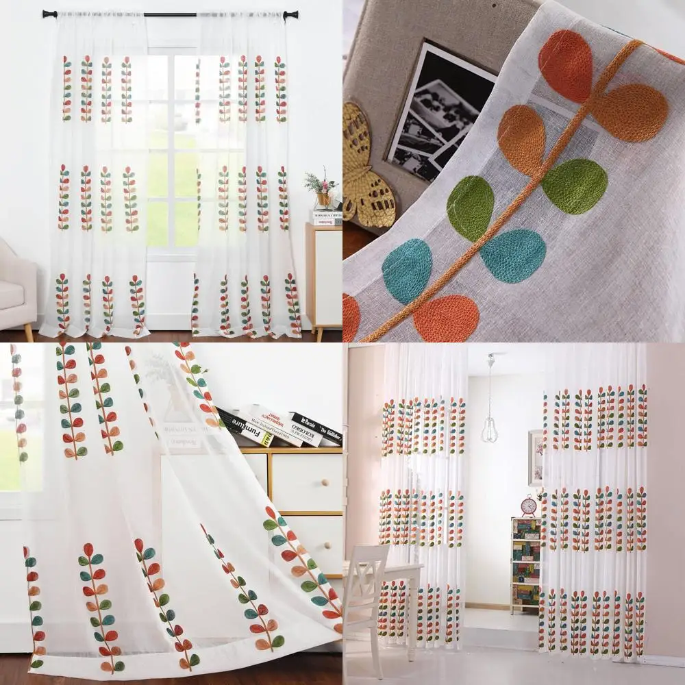 Cortinas transparentes brancas bordadas com folhas coloridas, 60 L x 106 L, conjunto de 2 para sala de estar e quarto