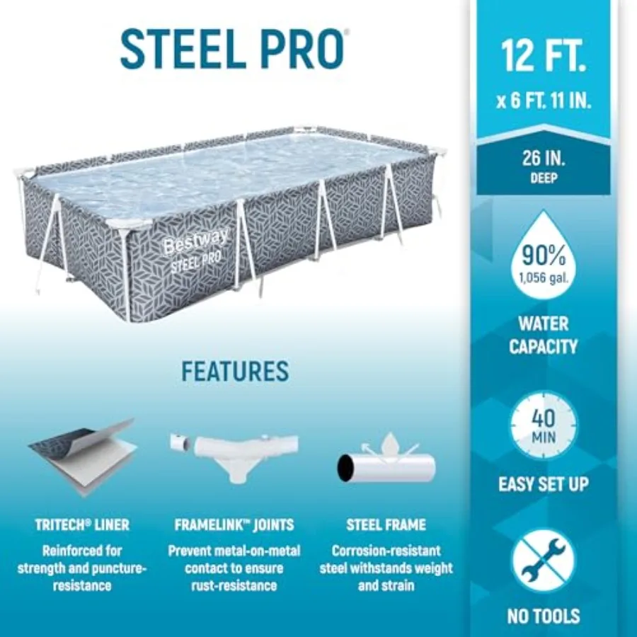 حمام سباحة مستطيل من Steel Pro فوق الأرض في الفناء الخلفي مع مضخة فلتر 330 جالون 12 بوصة × 6 بوصة 7 × 26 جرام #3