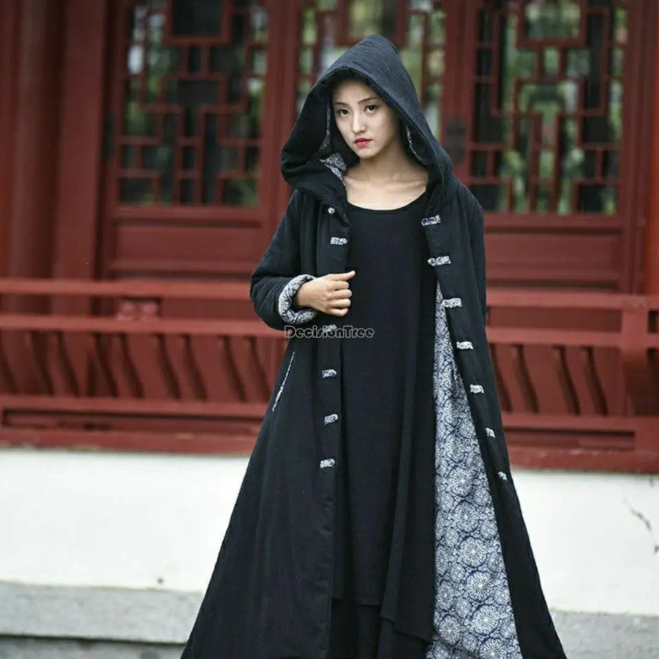 2023 chinese style cotton-padded women winter long cotton cheongsam button hooded robe thick warm retro long cloak coat s935