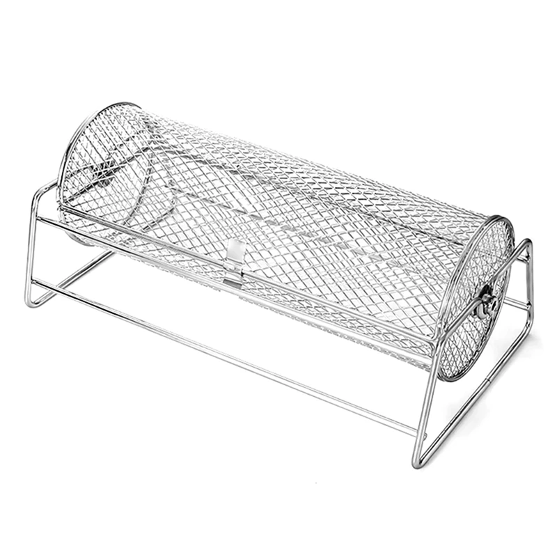 Stainless Steel BBQ Grill Basket Rotisserie Rolling Mesh Cage For Roasting Barbecue Grill Accessory For Even Cooking