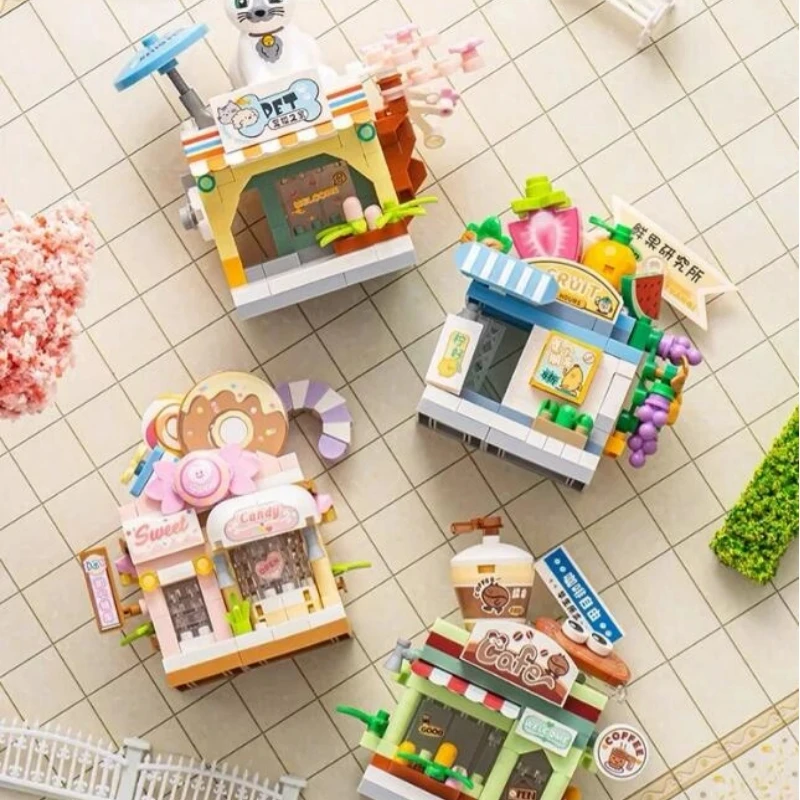 Genuine Restaurant Dessert Coffee Pet Fruit Store Street View Food House Building Blocks Kit Girls Bricks Model Child Cute Gifts