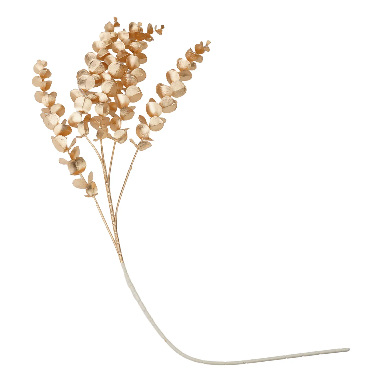 장식용 꽃꽂이 재료로는 모조 황금 유칼립투스 은행잎과 플라스틱으로 만든 금색 부채잎을 사용합니다.