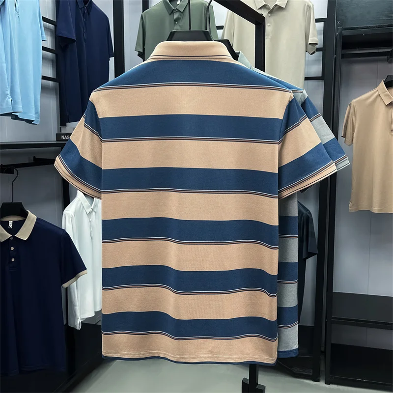 ضوء فاخر مخطط اللون منعت قصيرة الأكمام قميص بولو رمز العلامة التجارية تنقش الراقية عادية الصيف حريري السلس تي شيرت رجالي #5