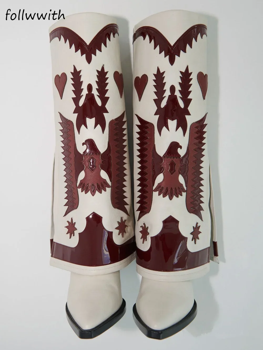 Retro Embroidered Leather Knee High Boots Women Pointed Toe Square Heels Shark Boots 2024 New Winter Western Knight Boots