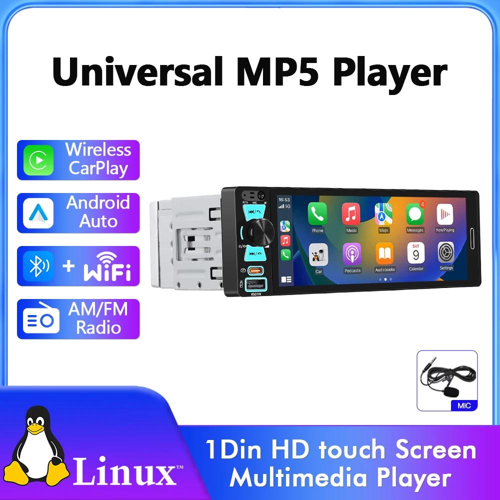 1din Universal Car Radio Android Auto CarPlay  Wireless Touch Screen FM/AM Car Stereo Mp5 Multimedia Player TF Port Camera