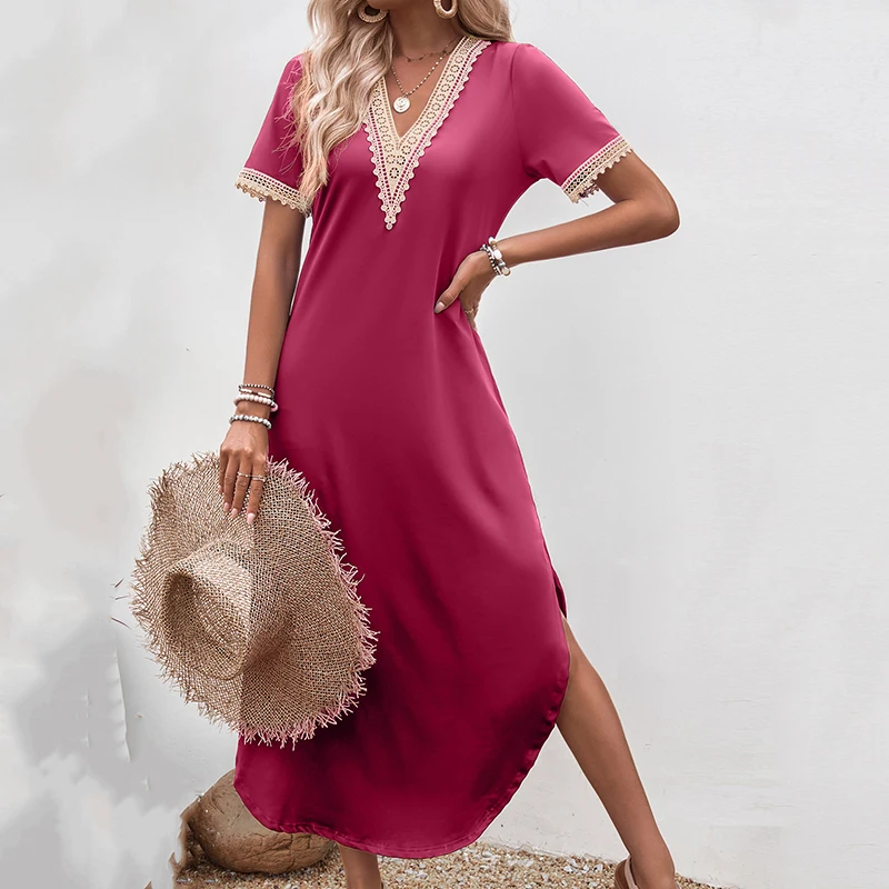 Abito estivo da donna con orlo irregolare tinta unita casual elegante scollo a V in pizzo con giunture a contrasto abiti slim multicolori a maglie