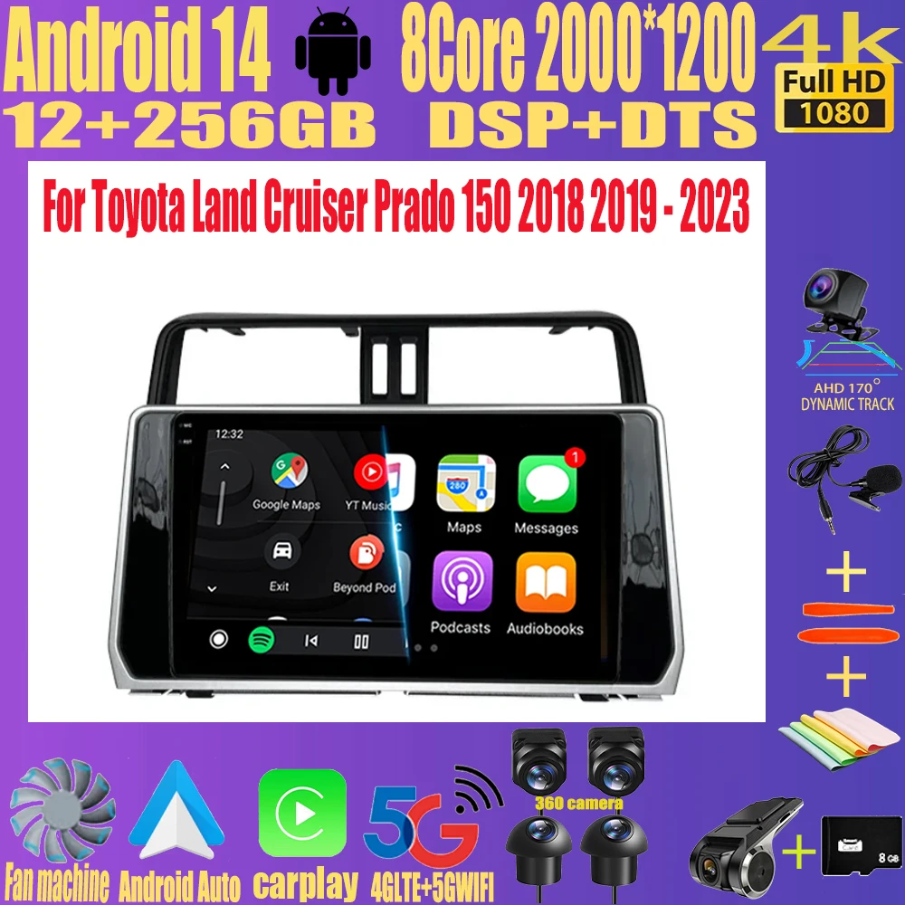 

Для Toyota Land Cruiser Prado 150 2018 2019 - 2023 Carplay 360 Камера авто Android 14 автомобильный радиоприемник мультимедийный плеер GPS стерео Wifi
