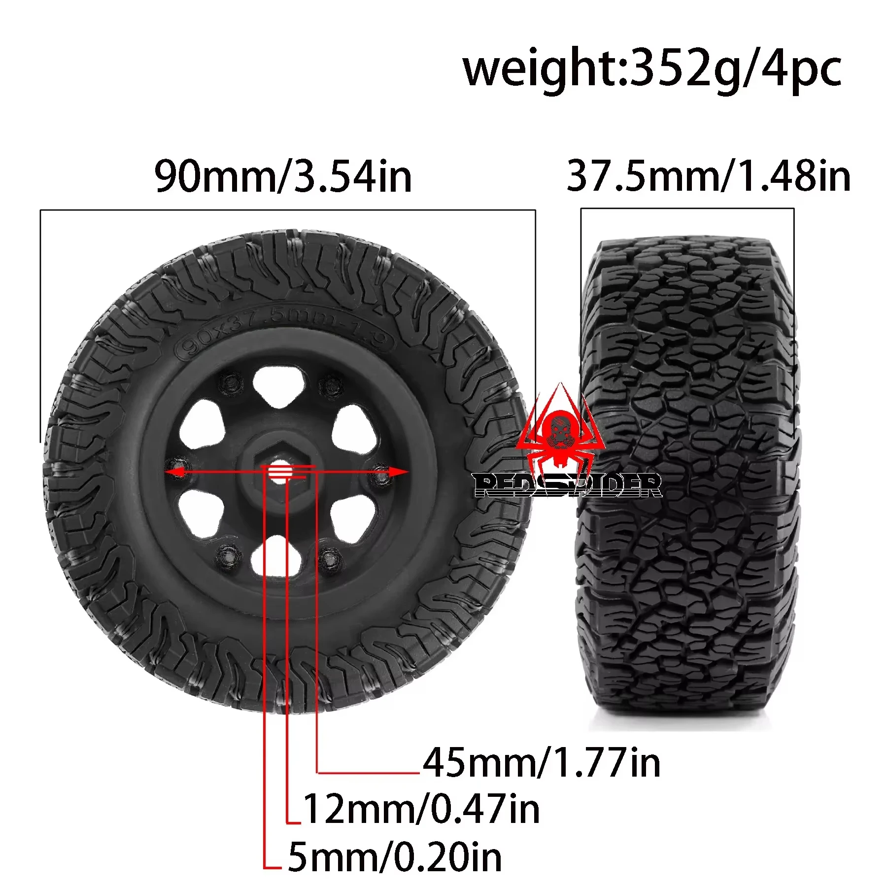 4PCS 1.9 Inch RC Crawler Tires and Wheels Assembly Anti-Slip Off-Road Rubber Tyres Plastic Wheel Hubs for 1/12 MJX H12Y MN-128 M