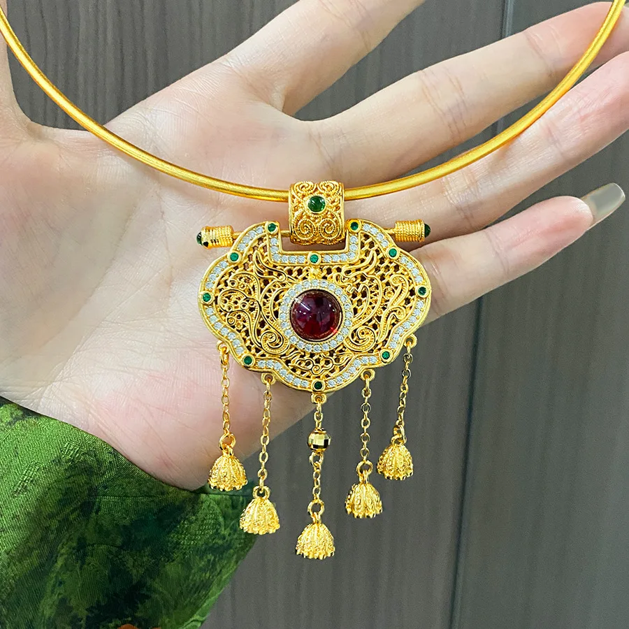 Palace style enamel color dragon phoenix fringe pearl lock bag pendant necklace female fashion all match 9999gold