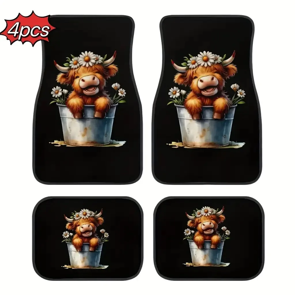 Set Of 4 Highland Cow Design Car Floor Mats – Complete Coverage For Front And Rear, All-Weather Rubber, Universal Fit, Car Inter