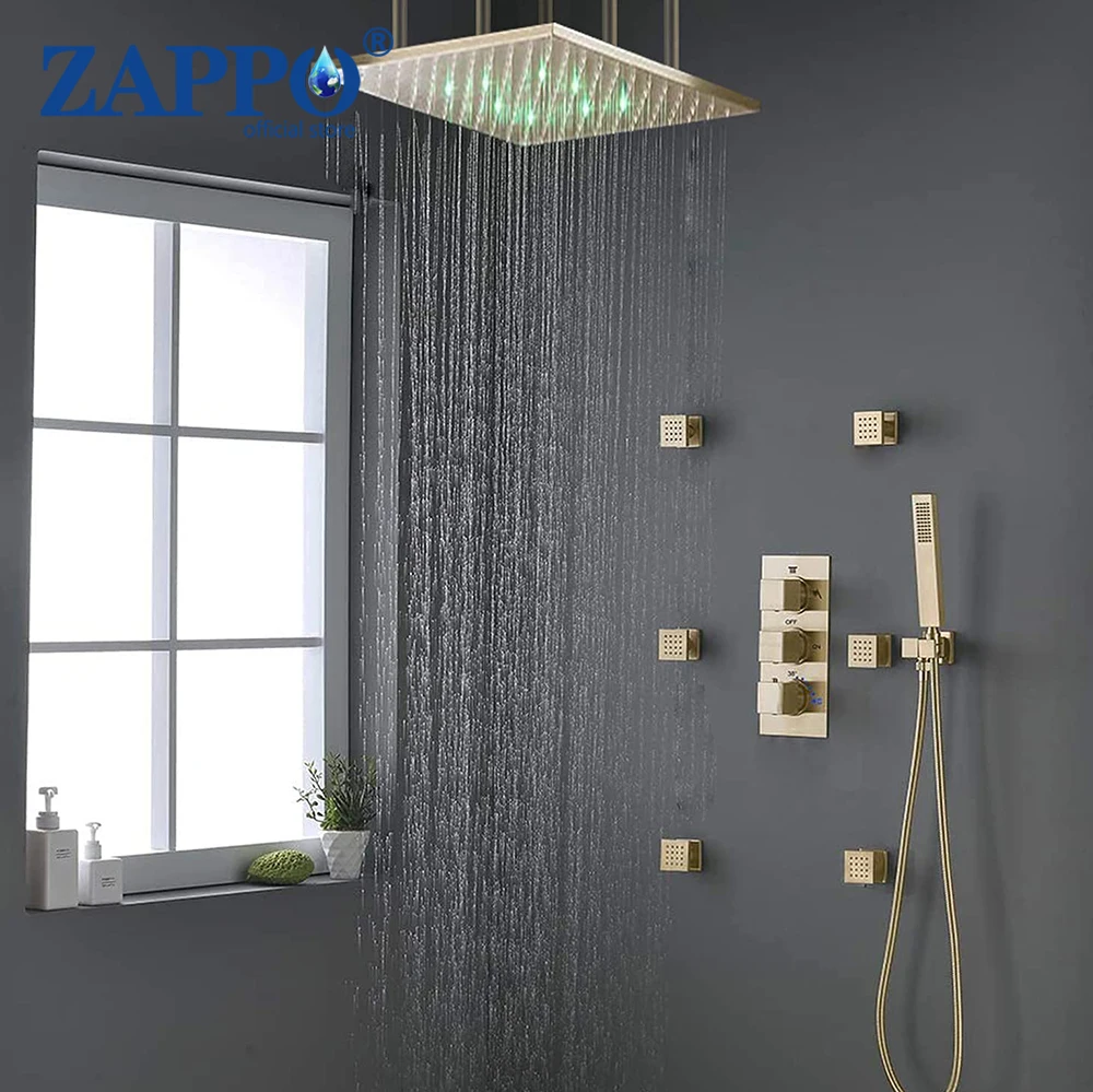 

ZAPPO Thermostatic Shower Faucet Set with Ceiling Mount LED 20 inch Shower Head Shower System 6 PCS Body JetsShower Fixtures