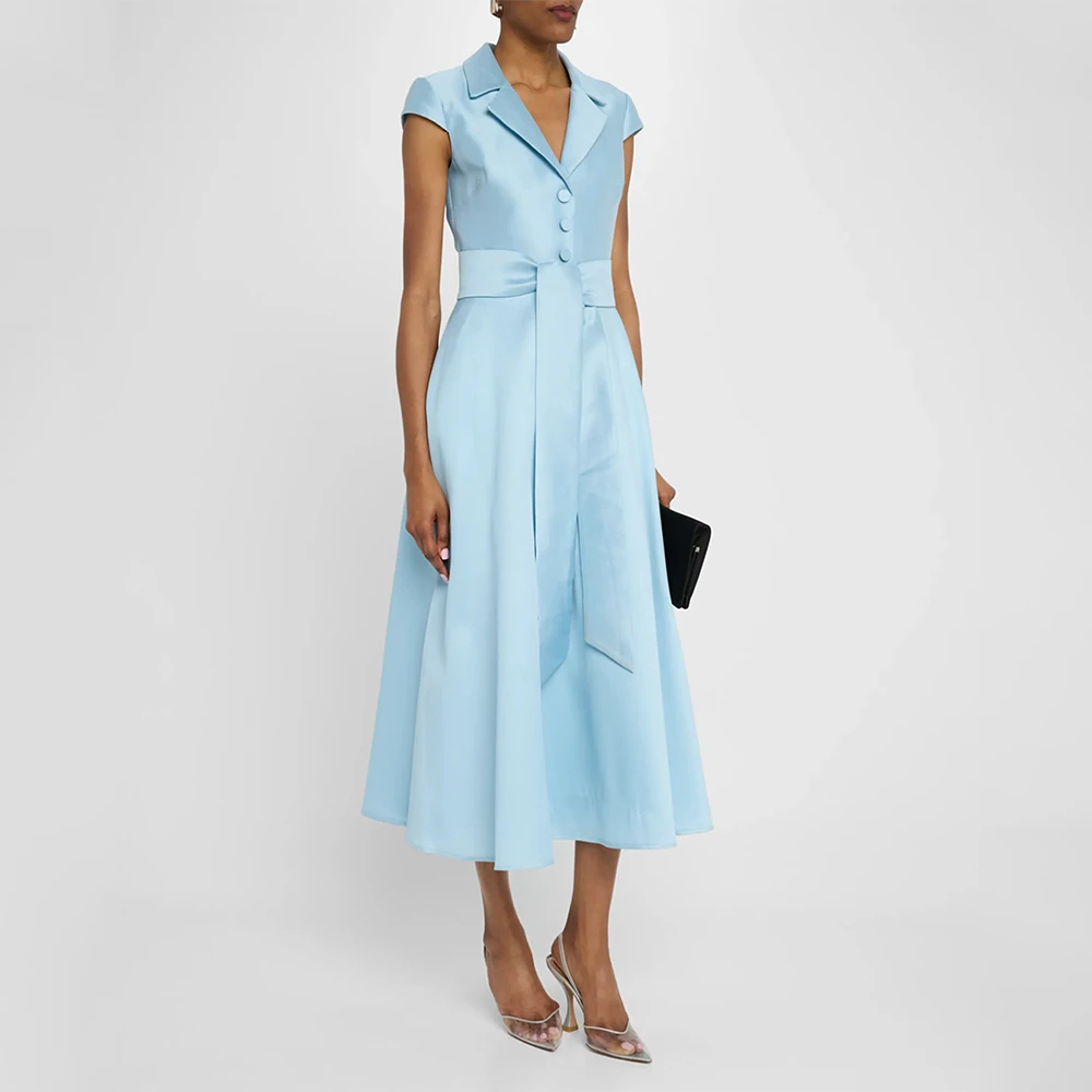 

Midi Cocktail Dress Cap Sleeves V Neck A Line Tea Length Twill Satin Cocktail Gowns for Women Buttons Sash Formal Party Dresses