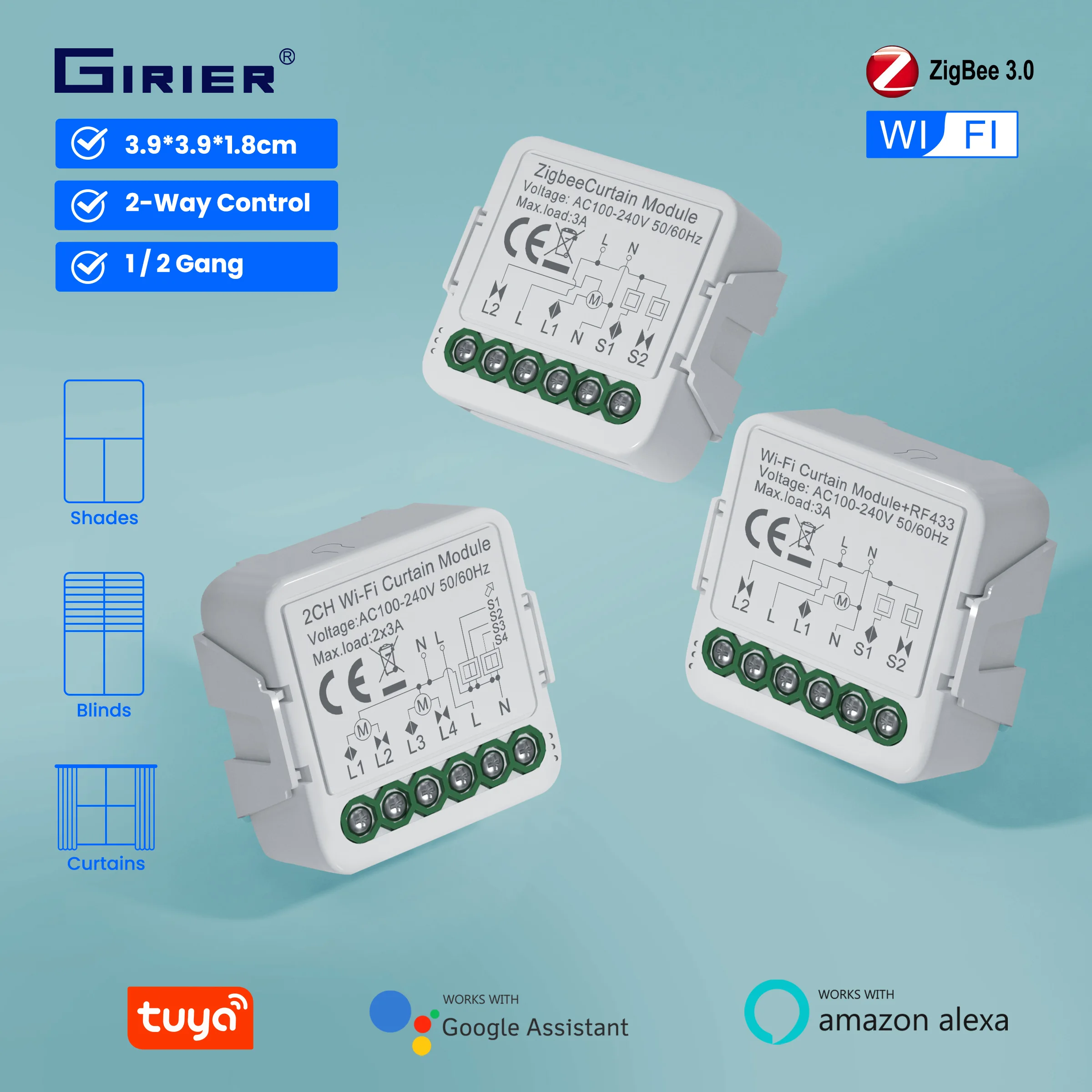 GIRIER Tuya ZigBee/WiFi RF433 Smart Curtain Blind Switch Module for Roller Shutter Electric Motor Works with Alexa Google Home