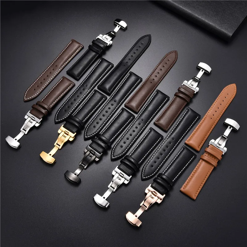 Leather Straps with Box 18mm 20mm 22mm 24mm Strap Stainless Steel Butterfly Buckle Clasp Leather Bracelet Black Brown Wristband