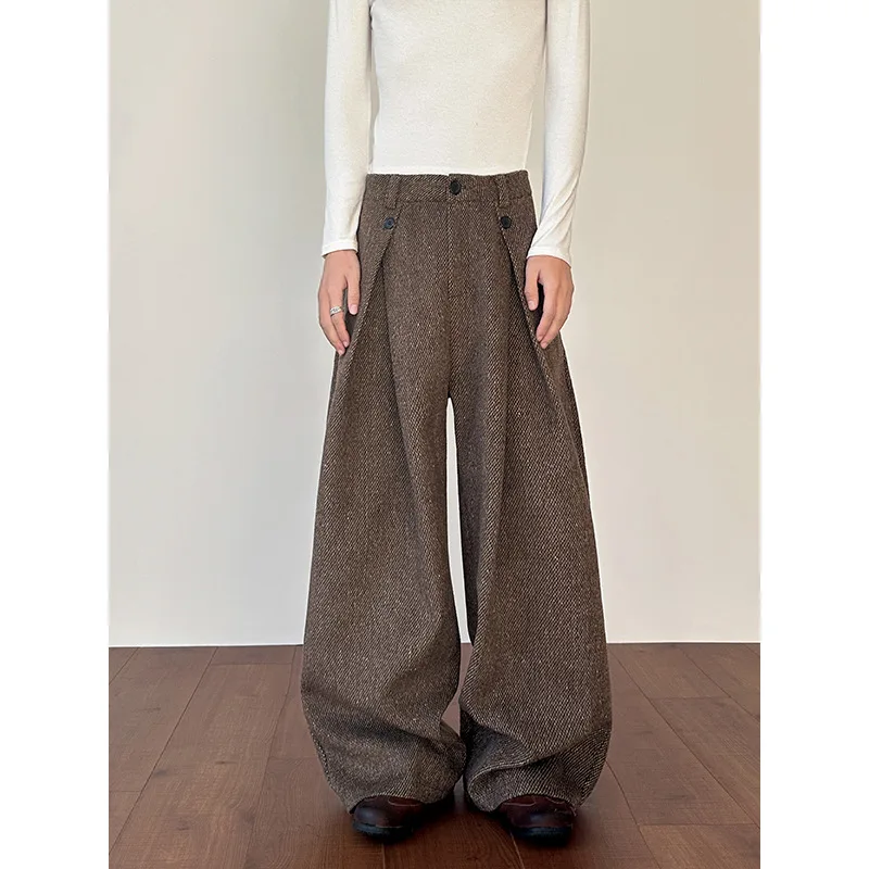 

SuperAen корейский стиль с высокой талией трехмерные плиссированные шерстяные осенне-зимние новые однотонные брюки полной длины