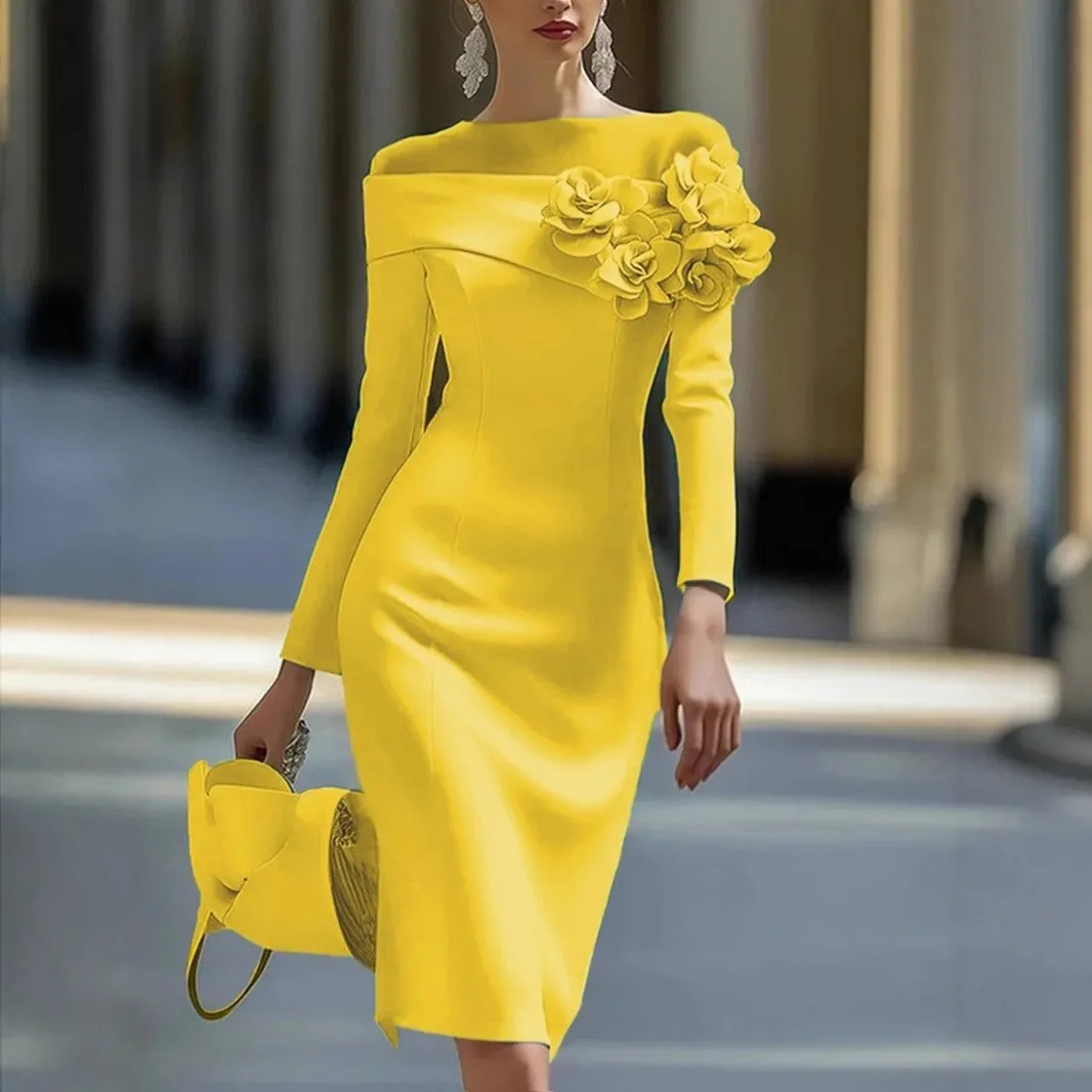 Elegant Party Dress Long Sleeve V Neck Dresses Floral Applique Off Shoulder Evening Dress Purple Side Cutout Detail Wedding