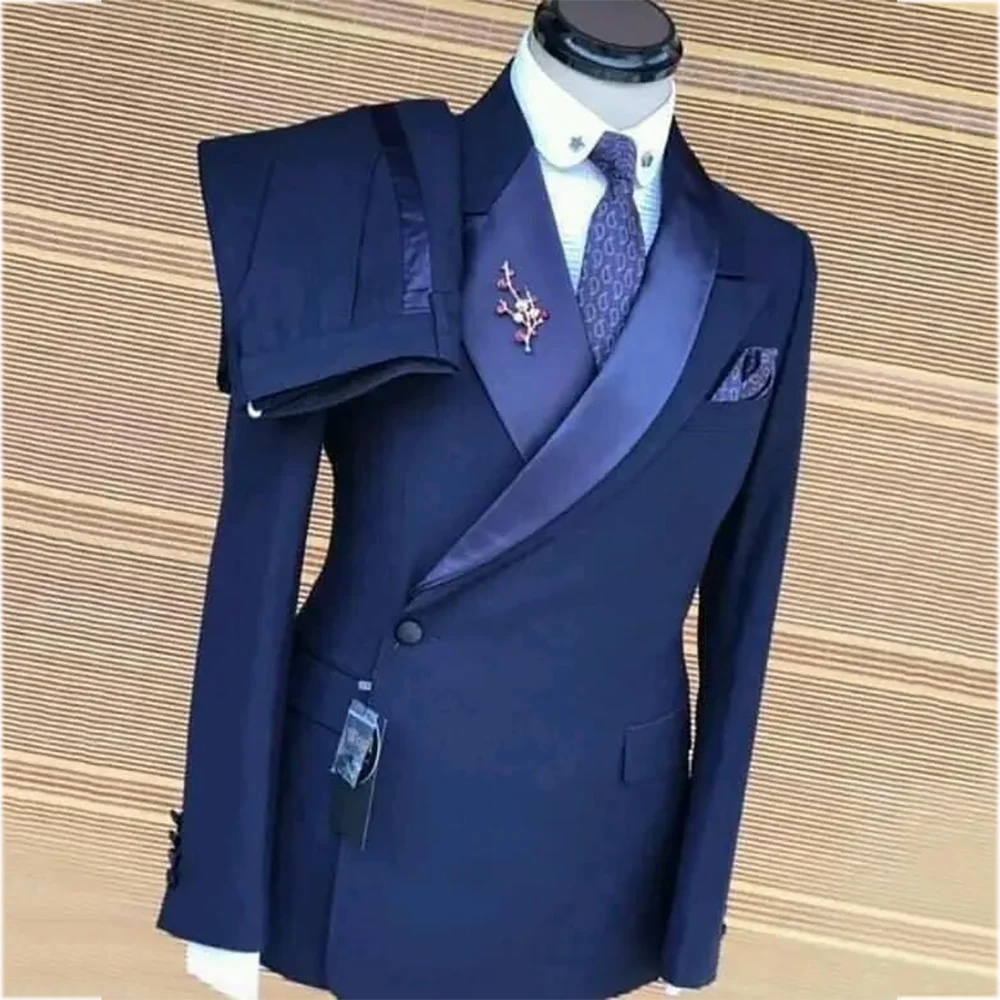 Chic Asymmetric Peak Lapel Men Suit 2 Pieces Slim Fit Jacket Pants Wedding Groom Formal Evening Party Business Costume Set