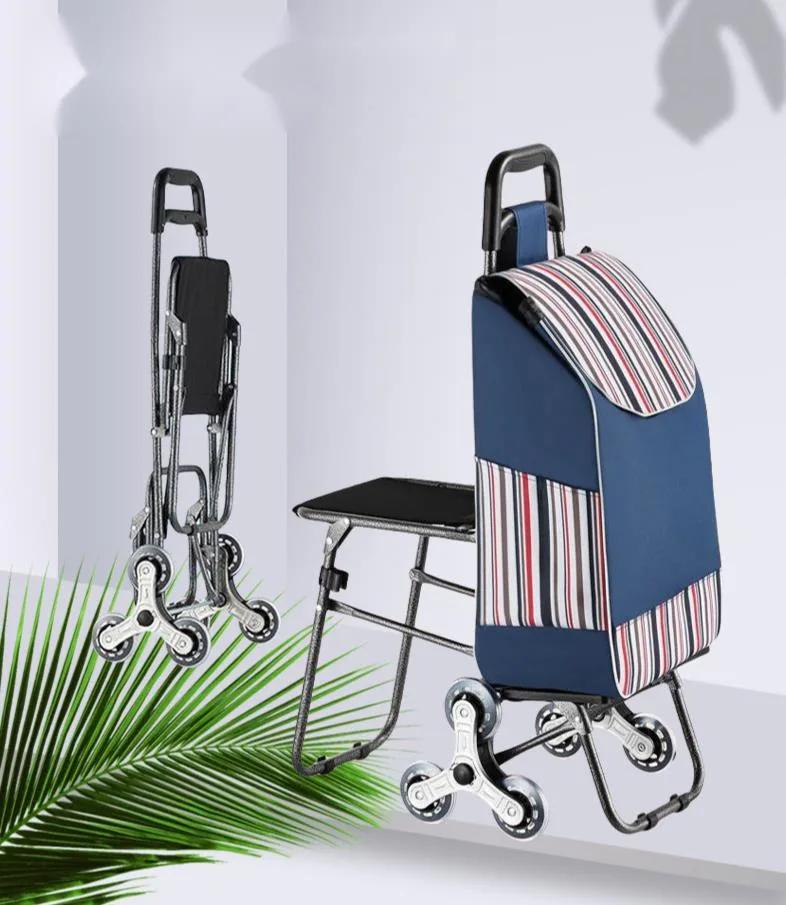 

Stair Climbing Shopping Cart with Seat, Foldable Portable Grocery Pull Cart for Elderly, Lightweight Hand Truck with Stool