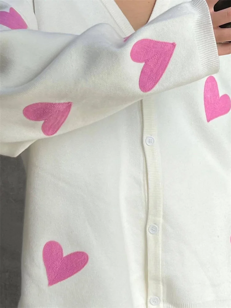 TARUXY-Cardigan à Manches sulfet Col en V Profond pour Femme, Pull Décontracté avec Broderie de Cœur, Manteau d\'Automne, Nouveauté 2023