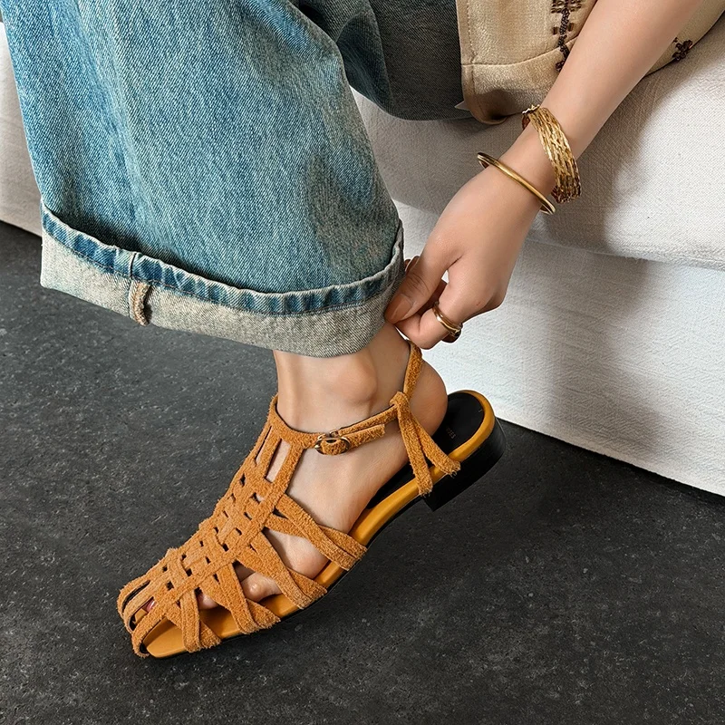 

MKKHOU Fashion Women's Shoes New High Quality Suede Thin Strap Cross Buckle Flat Sandals Summer Open Shoes Women