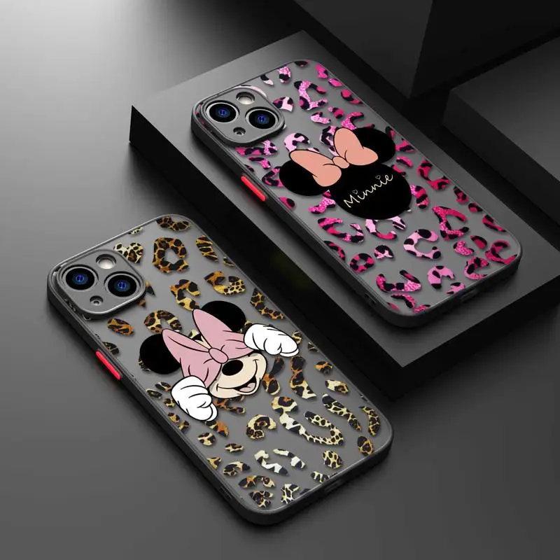 Disney Mickey Minnie Leopard Print Clear Matte Phone Case For iPhone 15 11 14 13 12 Pro Max Mini X XR Xs 8 7 Plus Silicone Cover